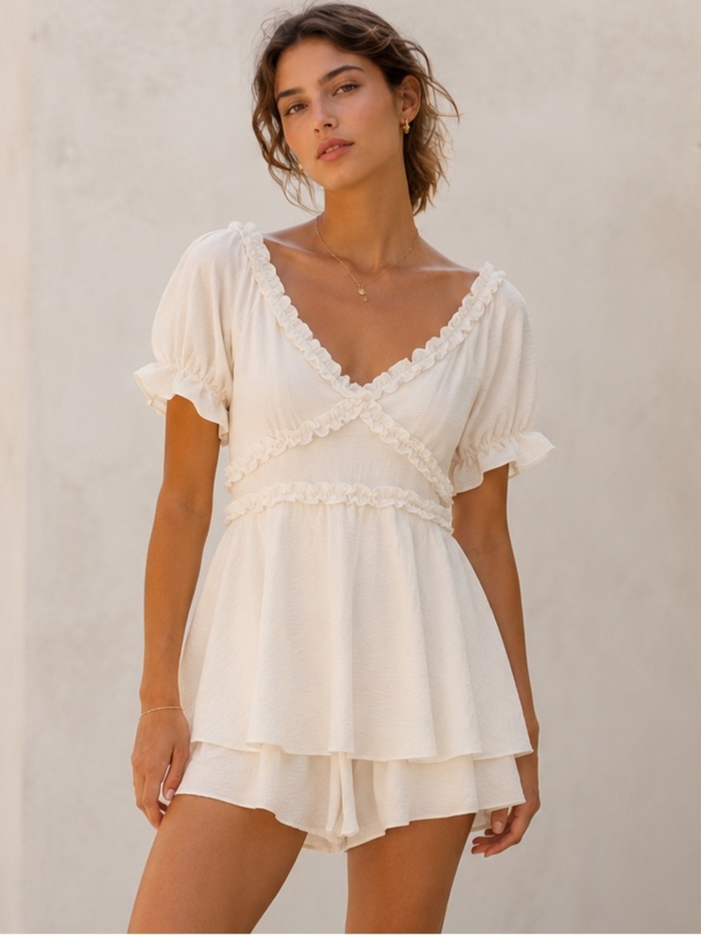 Inspired Hearts White Ruffle V-Neck Puff Sleeve Romper M